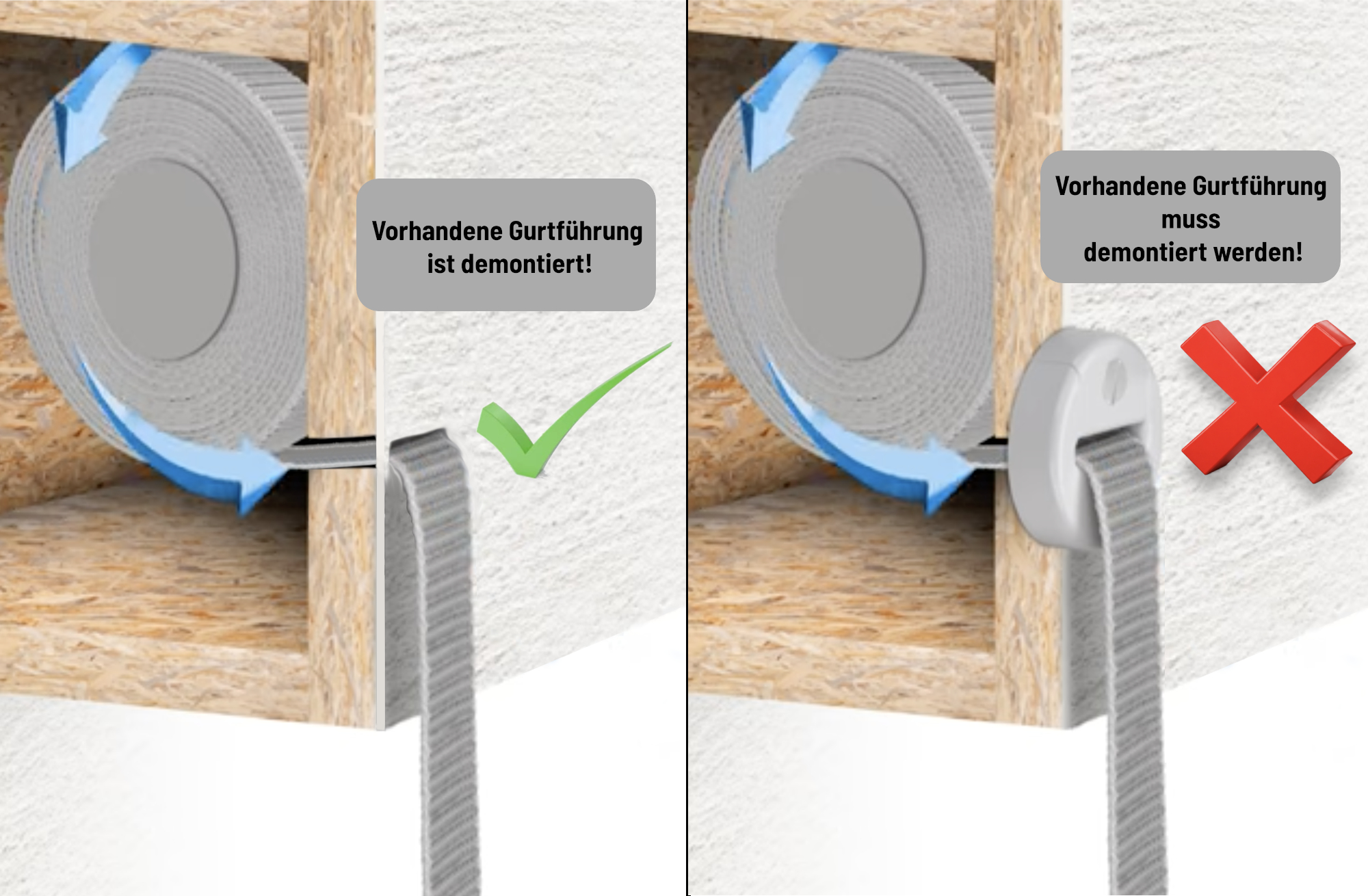 Montagehinweis zur vorhandenen Gurtführung bei der SELVE Energiespar-Gurtführung